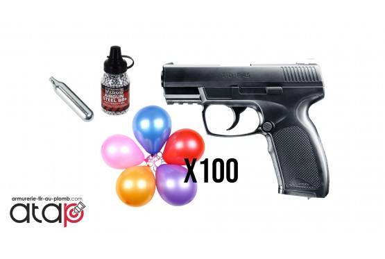 Pack Fun tir Pistolet billes acier 4.5 mm TDP 45 DAO munitions, CO2 et Cibles ballons
