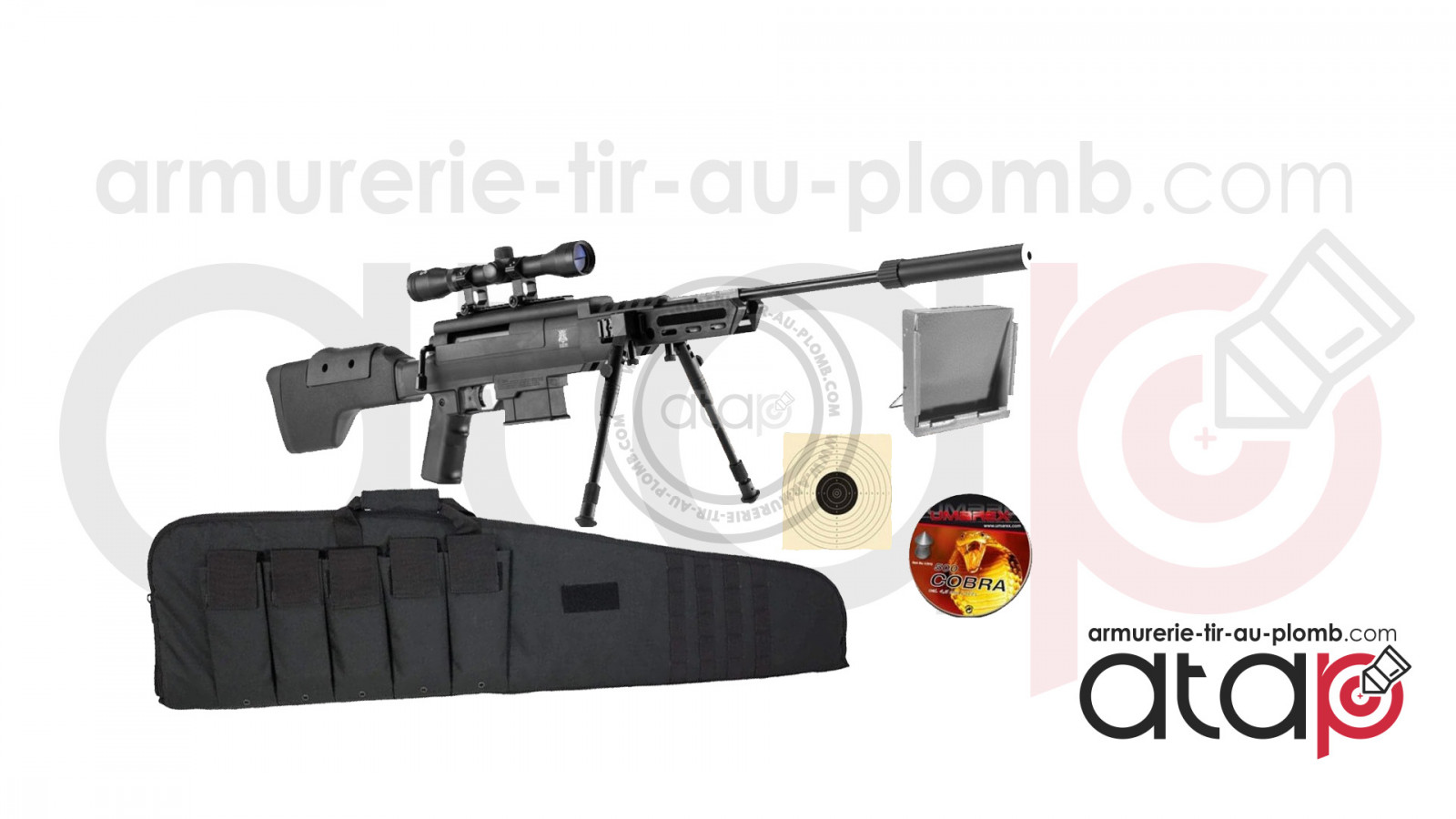 Pack Carabine A Plomb avec Lunette, Cibles, Porte Cible, Plombs et Fourreau
